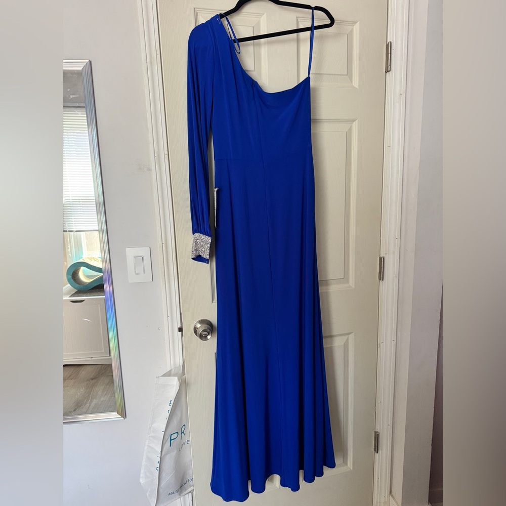 Betsy & Adam Royal Blue One-Shoulder Evening Gown with Side Slit- NWT - Picture 5 of 6